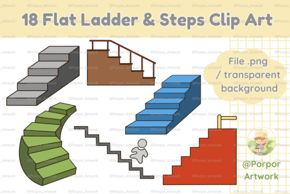 18 Flat Stairs PNG Clip Art Set