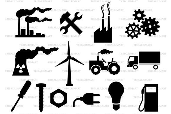 Industrial Icons Set - Factory, Gears, T