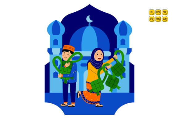 Muslim Couple Holding Ketupat Illustration Set