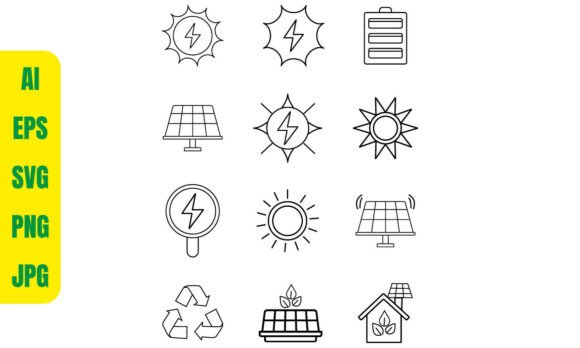 Solar Energy Icons Set Line Art Style