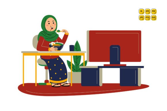 Woman Eating While Watching TV Vector: A Practical Resource for Design Flexibility