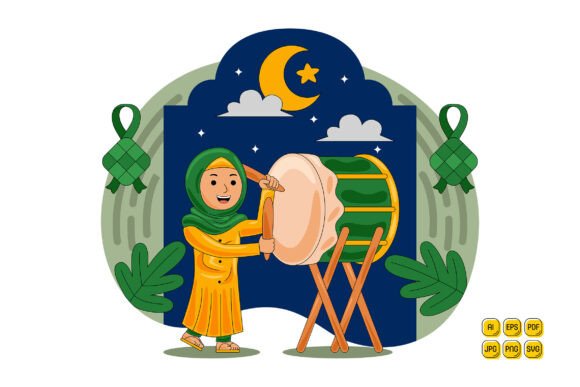 Woman Playing Drum Ramadan Celebration Illustration Set